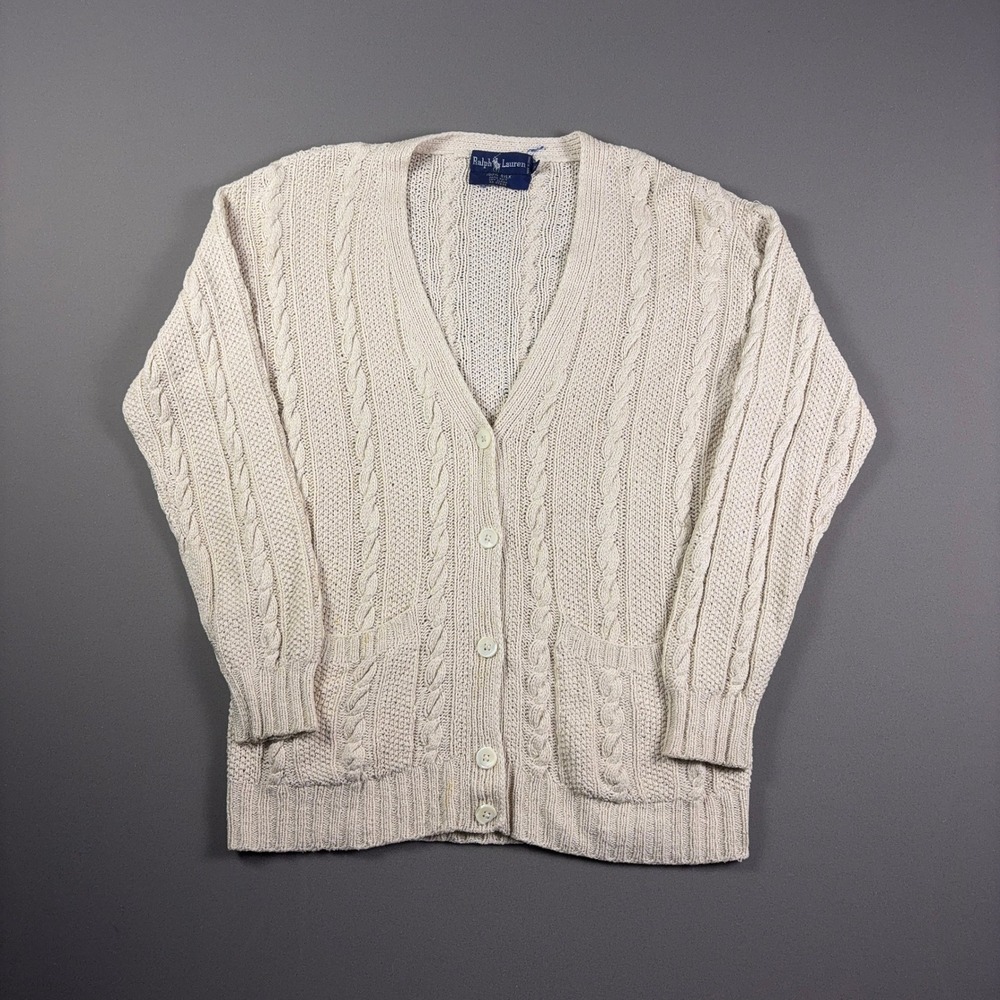 Vintage Ralph Lauren Womens Silk Hand Knit Cable Cardigan Sweater Cream XL